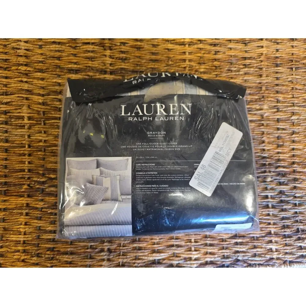 Ralph Lauren Graydon Melange Bold Stripe Full/Queen Duvet Dune Chambray NIP